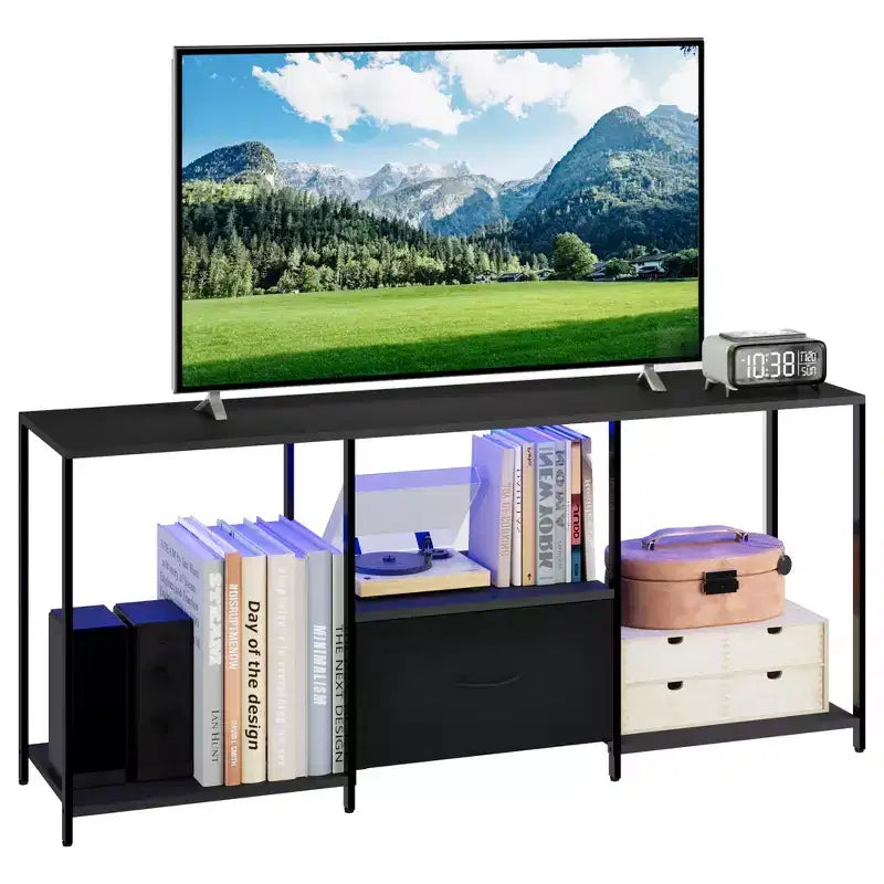 Mobile porta TV da 46 pollici con LED, Centro di Intrattenimento per TV fino a 55 pollici, Mobile TV con Ripiani Contenitore, Credenza Lunga, per Camera da Letto, Soggiorno, Ufficio, nero