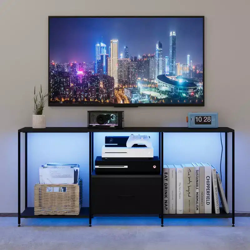 Mobile porta TV da 46 pollici con LED, Centro di Intrattenimento per TV fino a 55 pollici, Mobile TV con Ripiani Contenitore, Credenza Lunga, per Camera da Letto, Soggiorno, Ufficio, nero