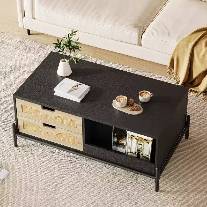 Rattan Mid Century Modern Coffee Table with LED Lights, 4 Drawers and Open Storage Shelf, Wooden Farmhouse Living Room Table