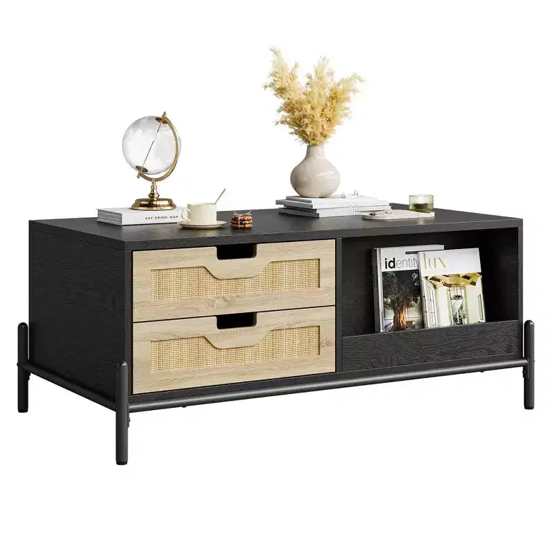 Rattan Mid Century Modern Coffee Table with LED Lights, 4 Drawers and Open Storage Shelf, Wooden Farmhouse Living Room Table