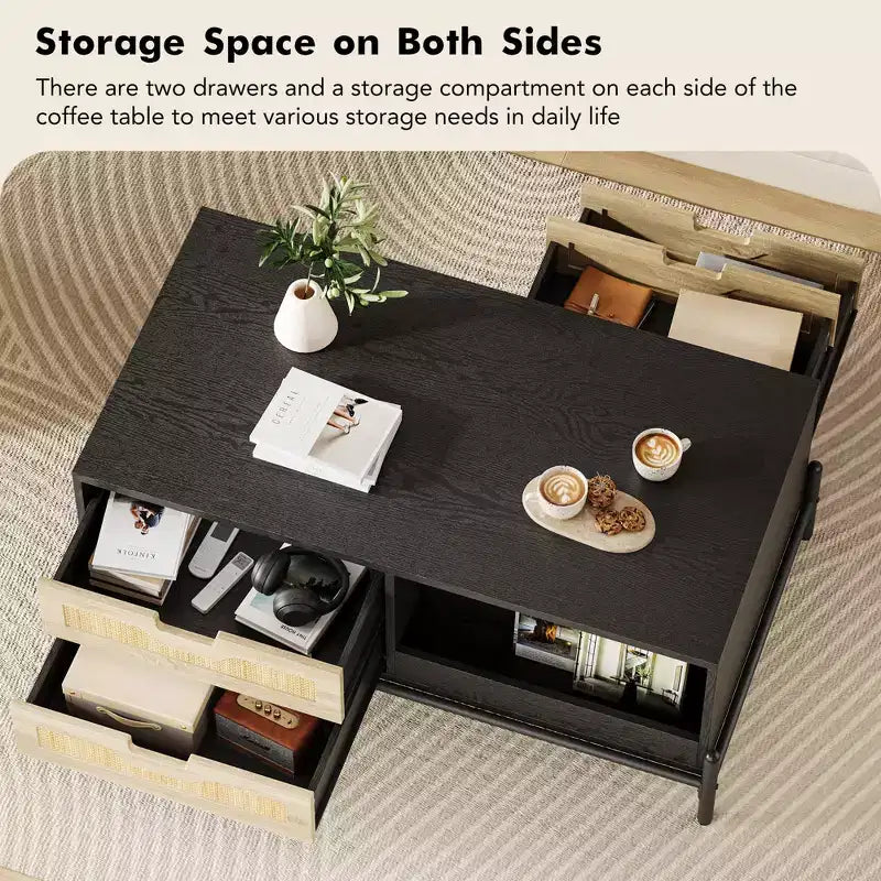Rattan Mid Century Modern Coffee Table with LED Lights, 4 Drawers and Open Storage Shelf, Wooden Farmhouse Living Room Table