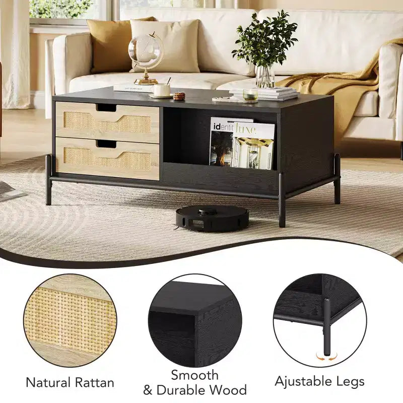 Tavolino da caffè in Rattan Mid Century Modern con Luci LED, 4 Cassetti e Ripiano Portaoggetti Aperto, Tavolo da Soggiorno in Stile Rustico