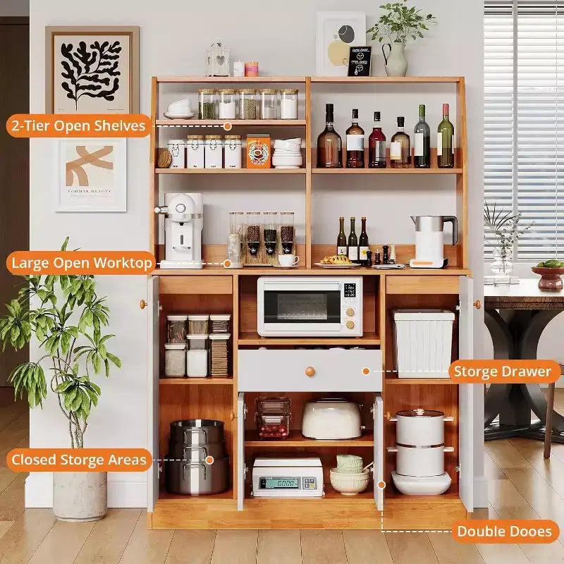Large Pantry Cabinet - Freestanding Sideboard with Drawers, Doors & Adjustable Shelf for Kitchen Storage