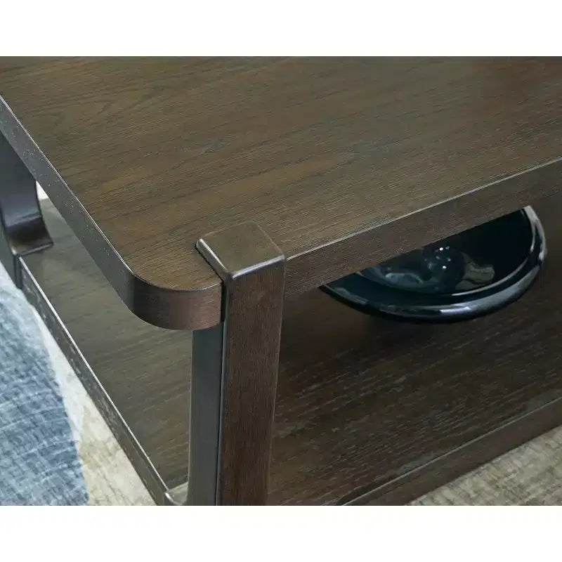Dark Brown Wood Coffee Table with Rolling Casters & Lower Shelf Storage