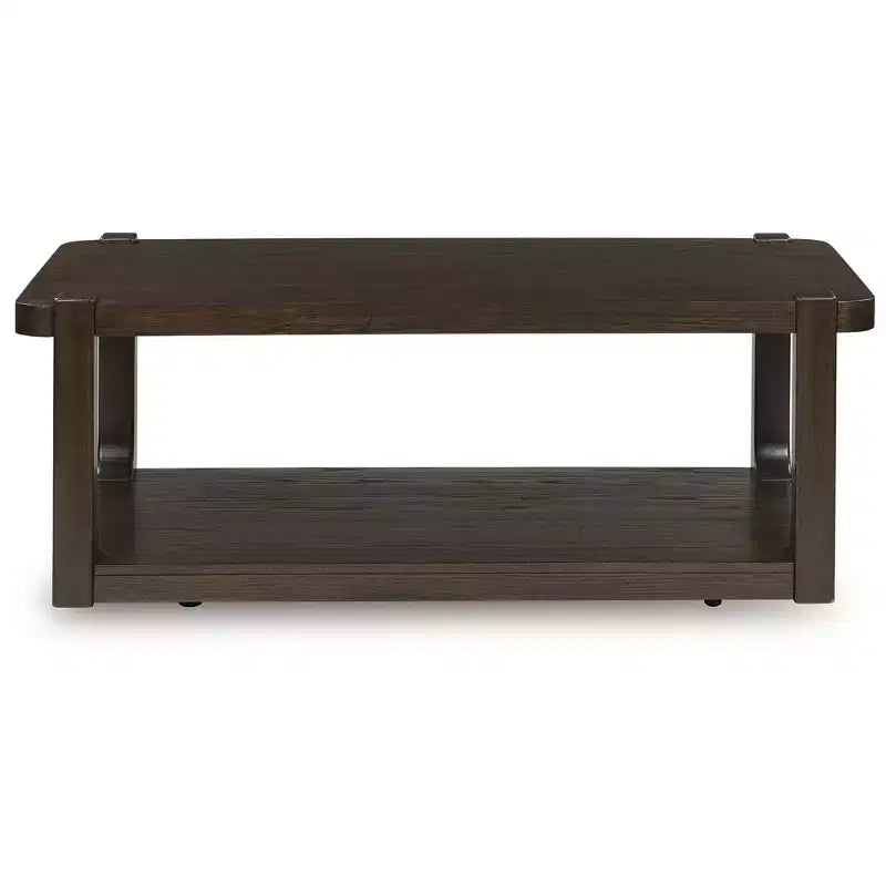 Dark Brown Wood Coffee Table with Rolling Casters & Lower Shelf Storage