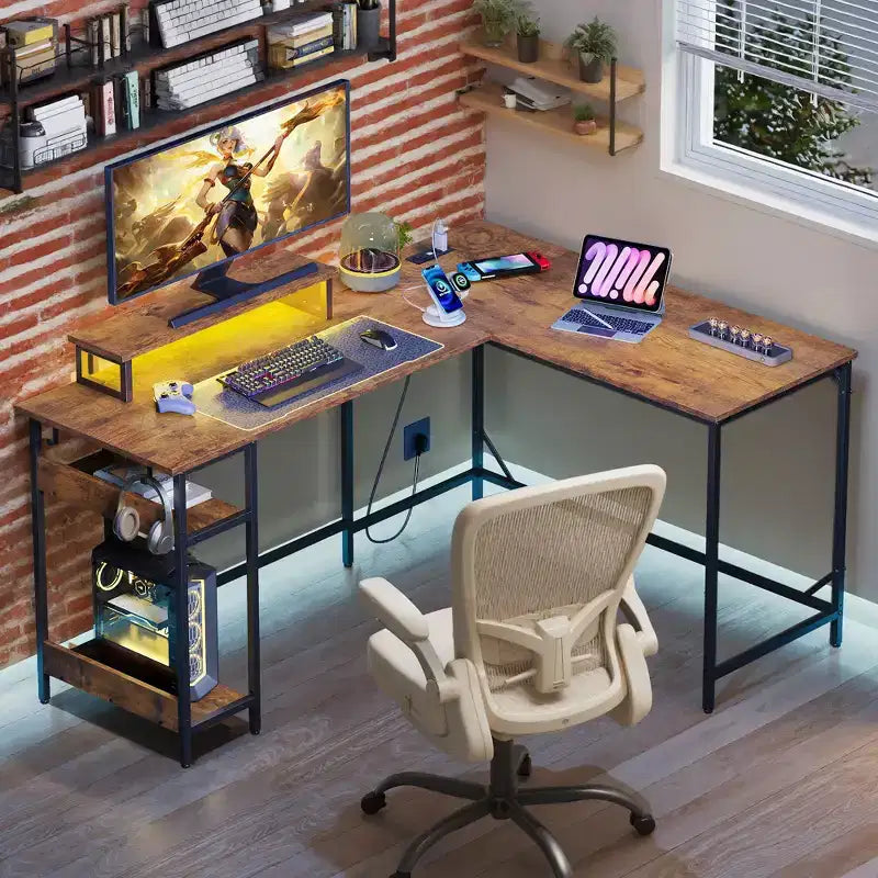 Scrivania da Gaming a L da 60 pollici con Prese di Corrente e Luci LED, Scrivania da Ufficio ad Angolo