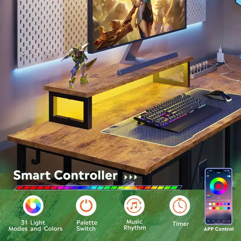 Scrivania da Gaming a L da 60 pollici con Prese di Corrente e Luci LED, Scrivania da Ufficio ad Angolo