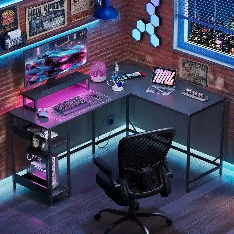 60 Inch L-Shaped Gaming Desk with Power Outlets & LED Lights, Corner Office Desk