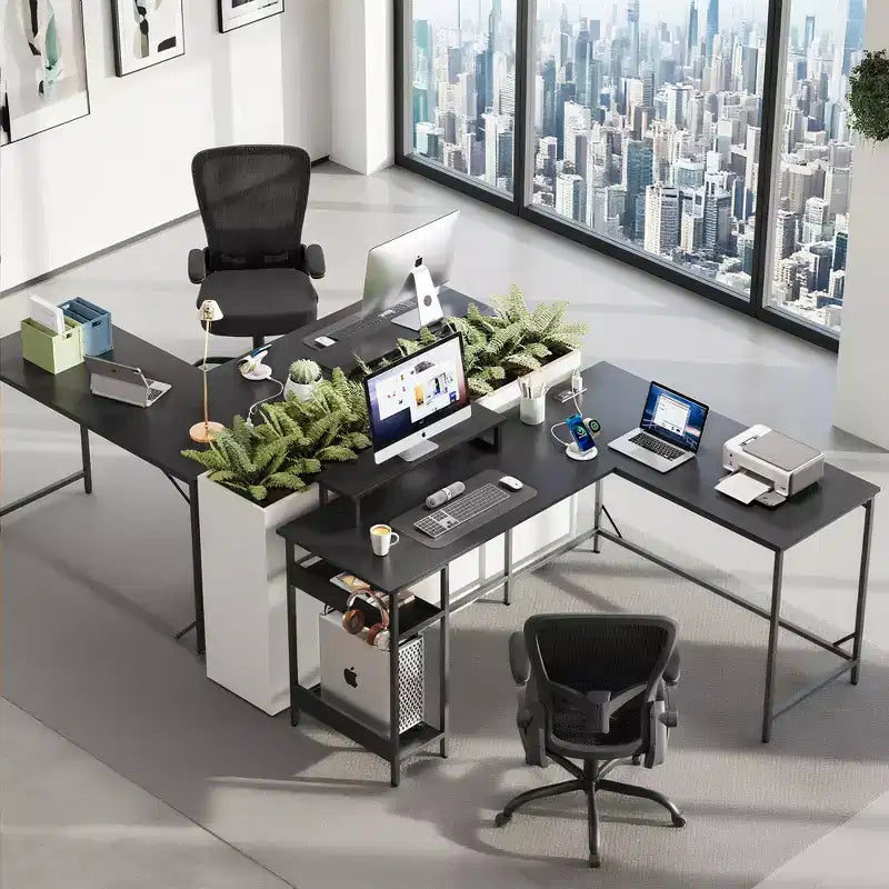 60 Inch L-Shaped Gaming Desk with Power Outlets & LED Lights, Corner Office Desk