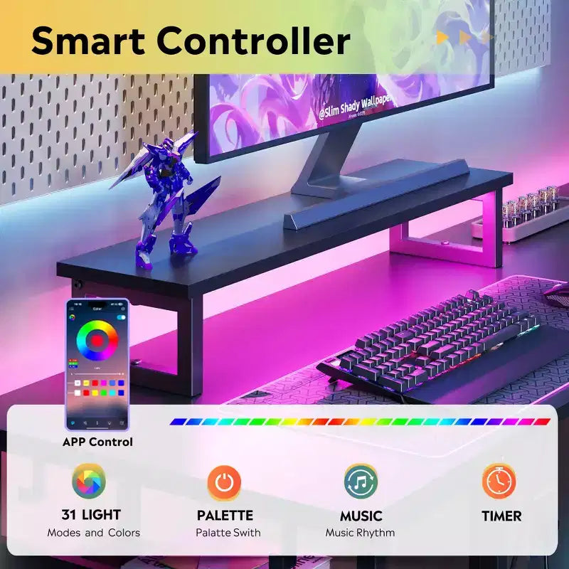 60 Inch L-Shaped Gaming Desk with Power Outlets & LED Lights, Corner Office Desk