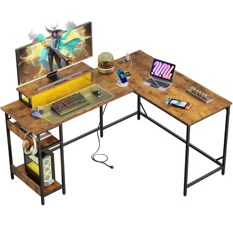 60 Inch L-Shaped Gaming Desk with Power Outlets & LED Lights, Corner Office Desk