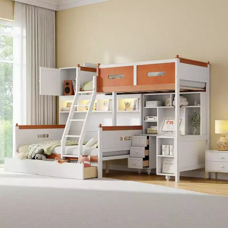 Twin Over Full Bunk Bed with Desk, Storage Cabinet, Drawers & Shelves