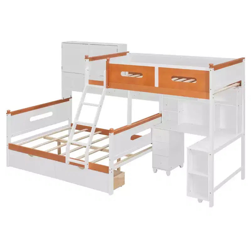 Twin Over Full Bunk Bed with Desk, Storage Cabinet, Drawers & Shelves
