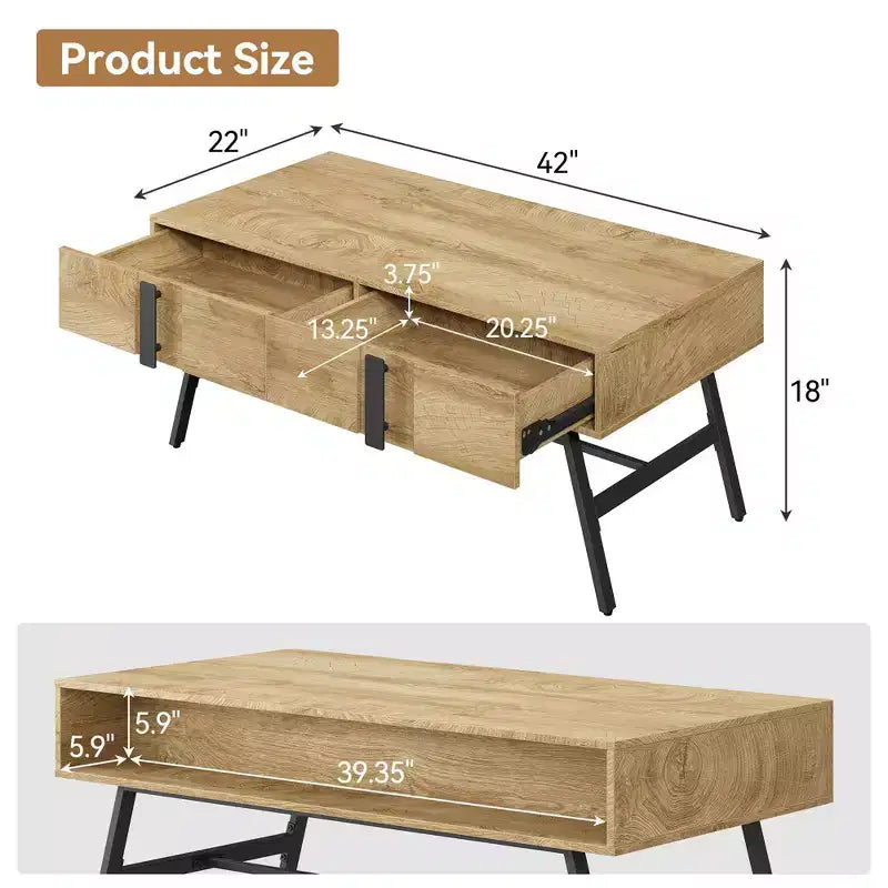 Mid Century Modern Wood Coffee Table with Drawer & Open Shelf, Natural Wood