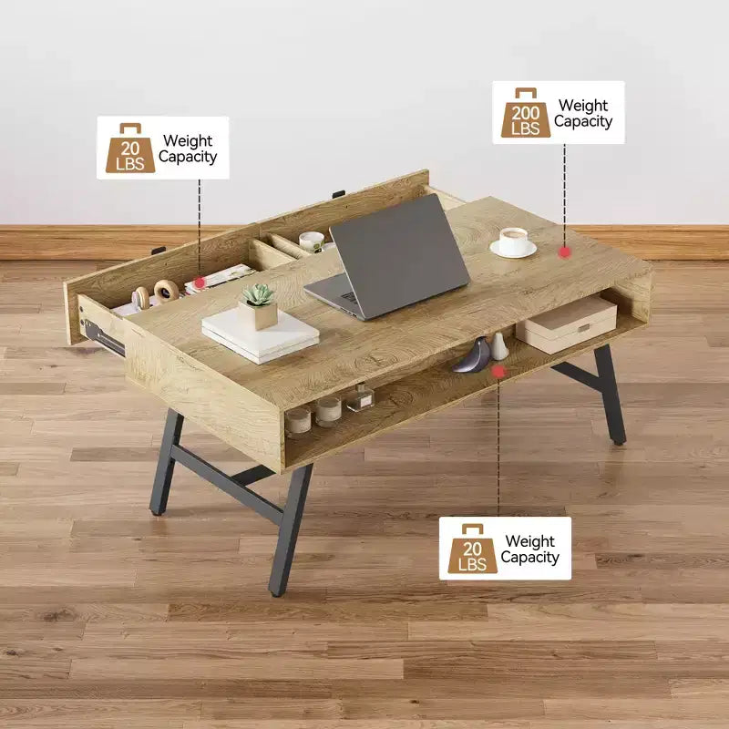 Tavolino da Caffè in Legno Mid-Century Moderno con Cassetto e Ripiano Aperto, Legno Naturale