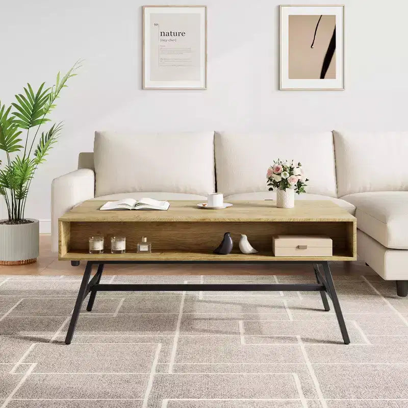 Tavolino da Caffè in Legno Mid-Century Moderno con Cassetto e Ripiano Aperto, Legno Naturale