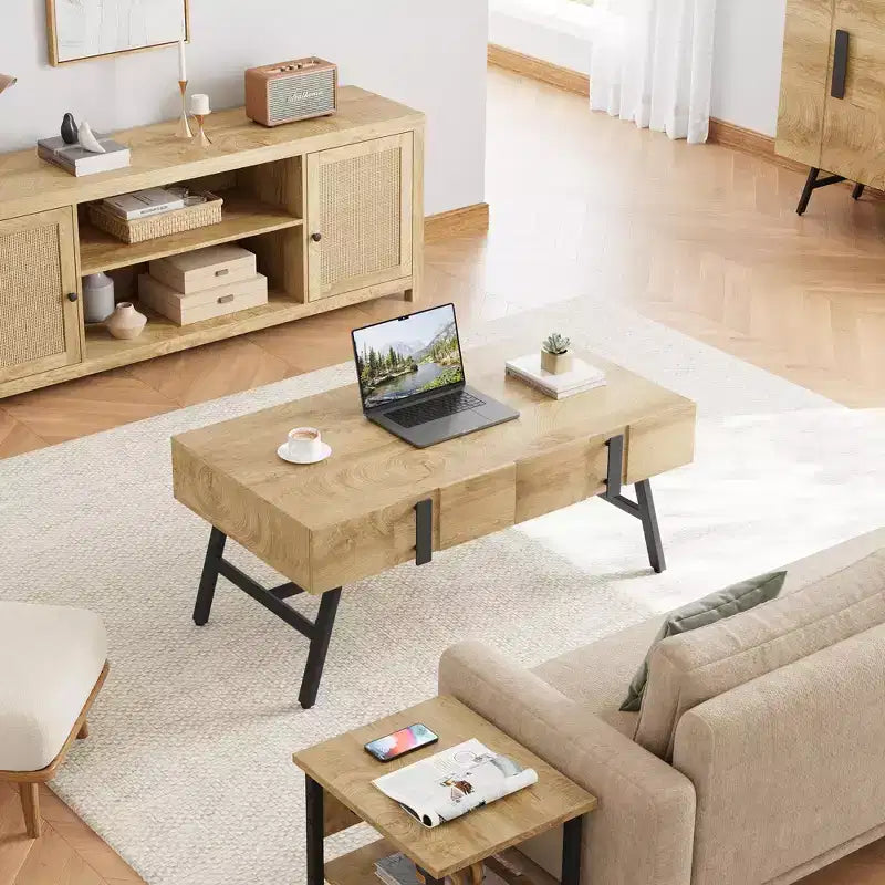 Tavolino da Caffè in Legno Mid-Century Moderno con Cassetto e Ripiano Aperto, Legno Naturale