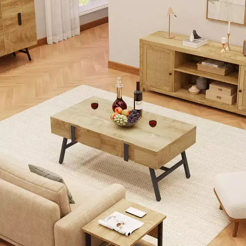 Tavolino da Caffè in Legno Mid-Century Moderno con Cassetto e Ripiano Aperto, Legno Naturale