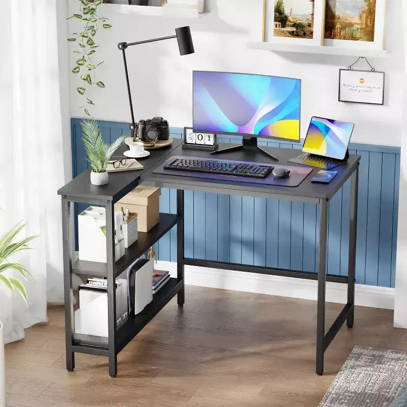 39/43 Inch L-Shaped Desk for Gaming & Study with Metal Frame & Storage Shelves