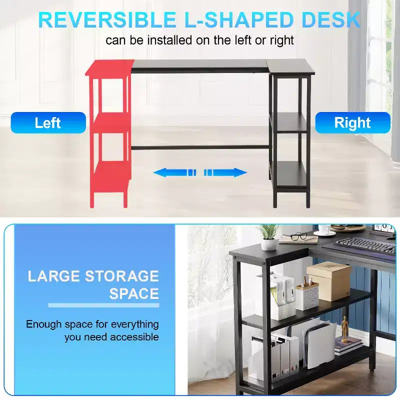 39/43 Inch L-Shaped Desk for Gaming & Study with Metal Frame & Storage Shelves