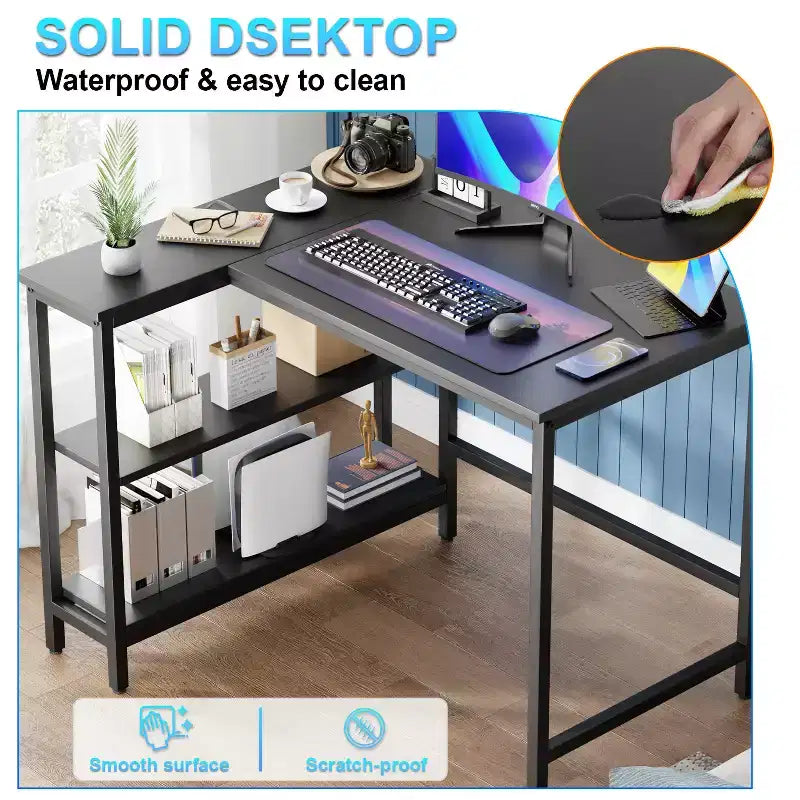 39/43 Inch L-Shaped Desk for Gaming & Study with Metal Frame & Storage Shelves