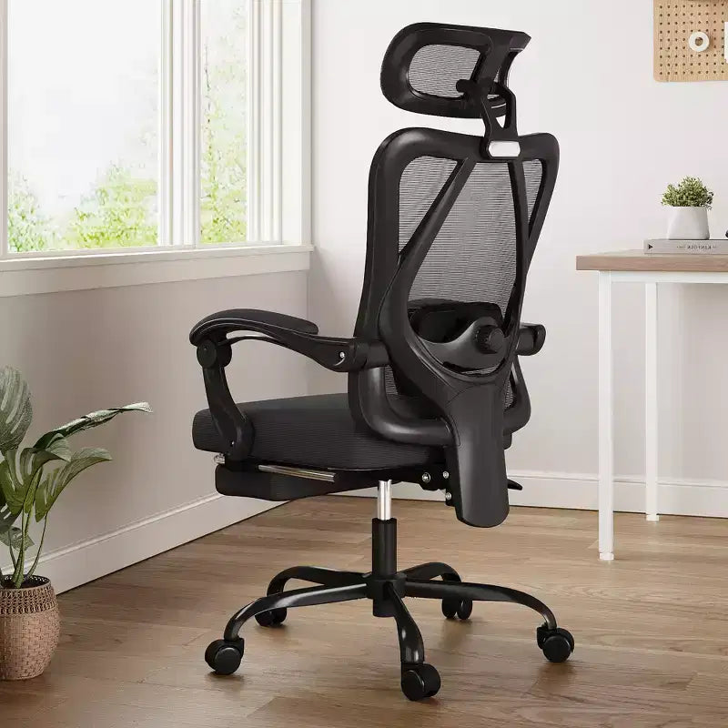 Sedia da Ufficio Ergonomica in Rete con Poggiatesta, Supporto Lombare e Poggiapiedi, Nera