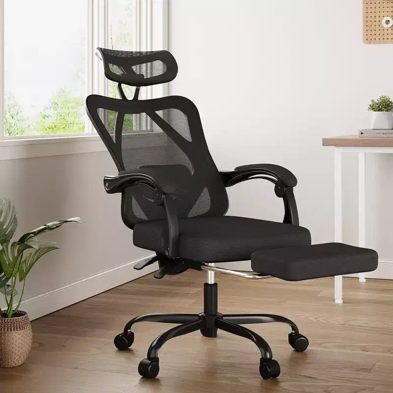 Sedia da Ufficio Ergonomica in Rete con Poggiatesta, Supporto Lombare e Poggiapiedi, Nera