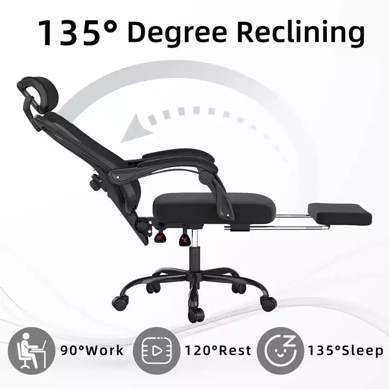 Sedia da Ufficio Ergonomica in Rete con Poggiatesta, Supporto Lombare e Poggiapiedi, Nera