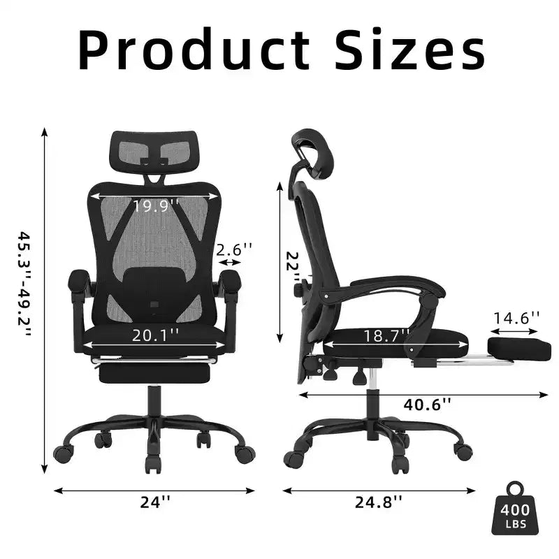 Sedia da Ufficio Ergonomica in Rete con Poggiatesta, Supporto Lombare e Poggiapiedi, Nera