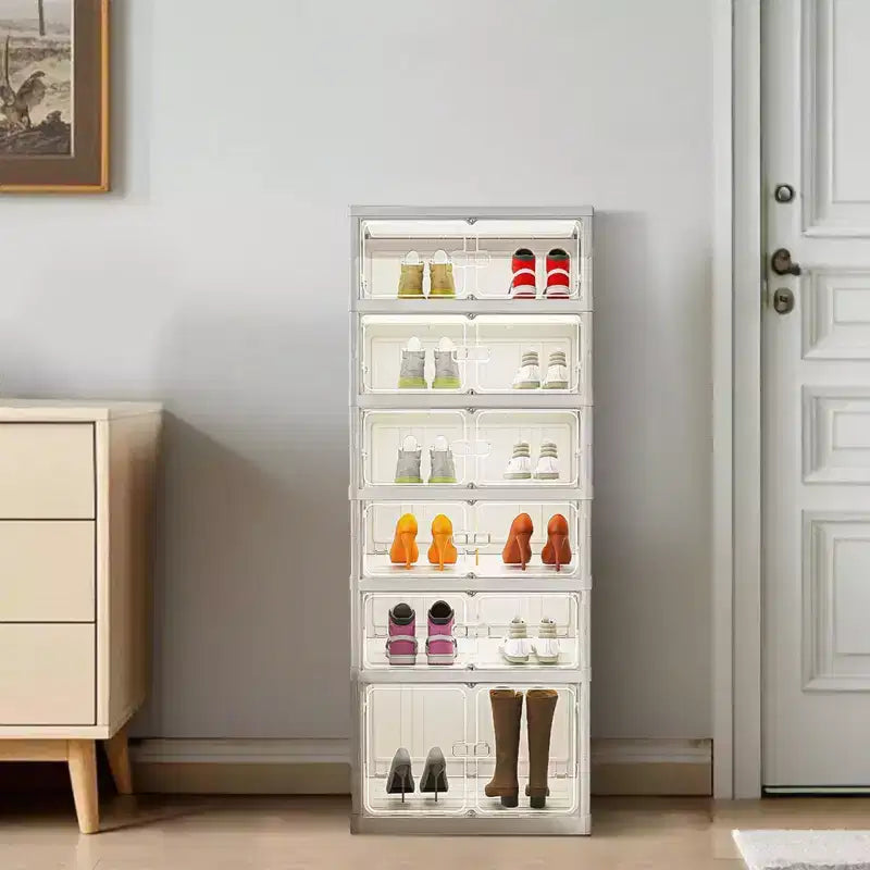Foldable Shoe Storage Box with Magnetic Doors, Stackable Plastic Shoe Cabinet