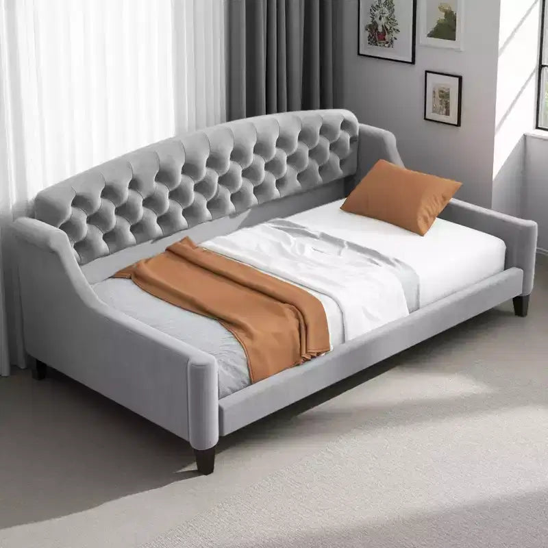 Modern Curved Velvet Daybed with Tufted Backrest, Luxury Lounge Sofa Bed