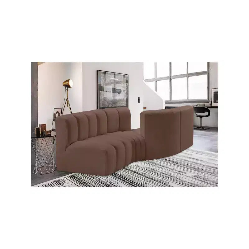 Divano modulare Arc Brown in pelle vegana, sezionale moderno curvo