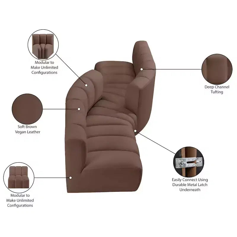 Arc Brown Vegan Leather Modular Sofa, Modern Curved Sectional