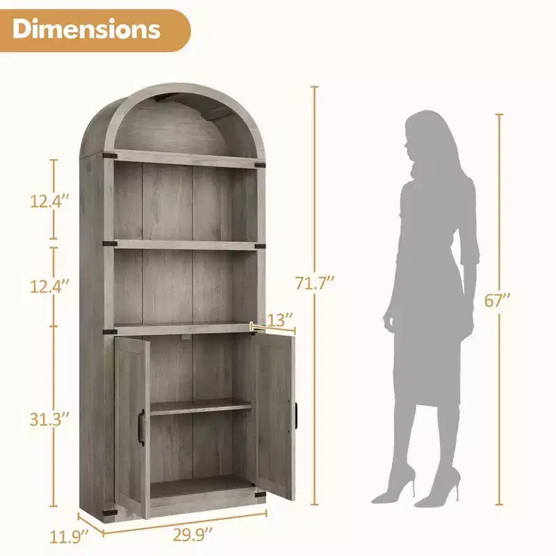 Libreria ad arco alta 182 cm con ante, mobile stile rustico per l'home office