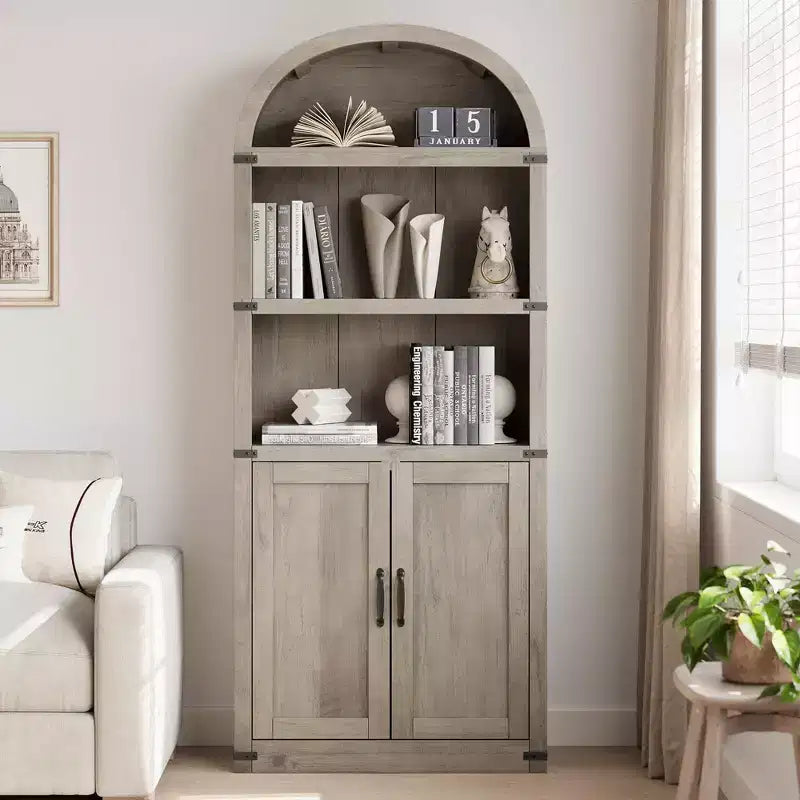 Libreria ad arco alta 182 cm con ante, mobile stile rustico per l'home office