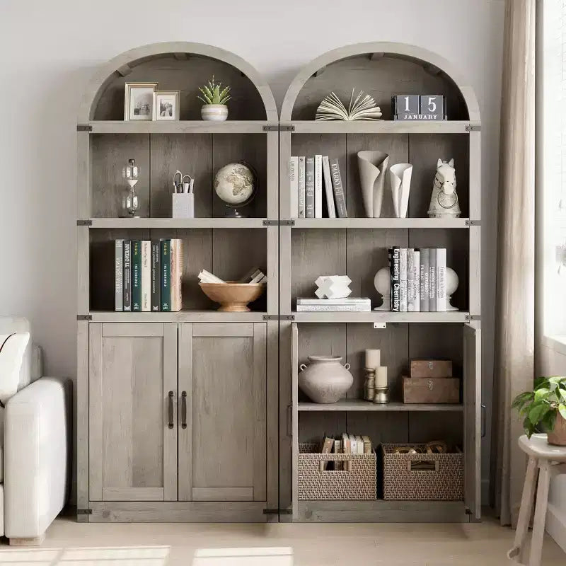 Libreria ad arco alta 182 cm con ante, mobile stile rustico per l'home office