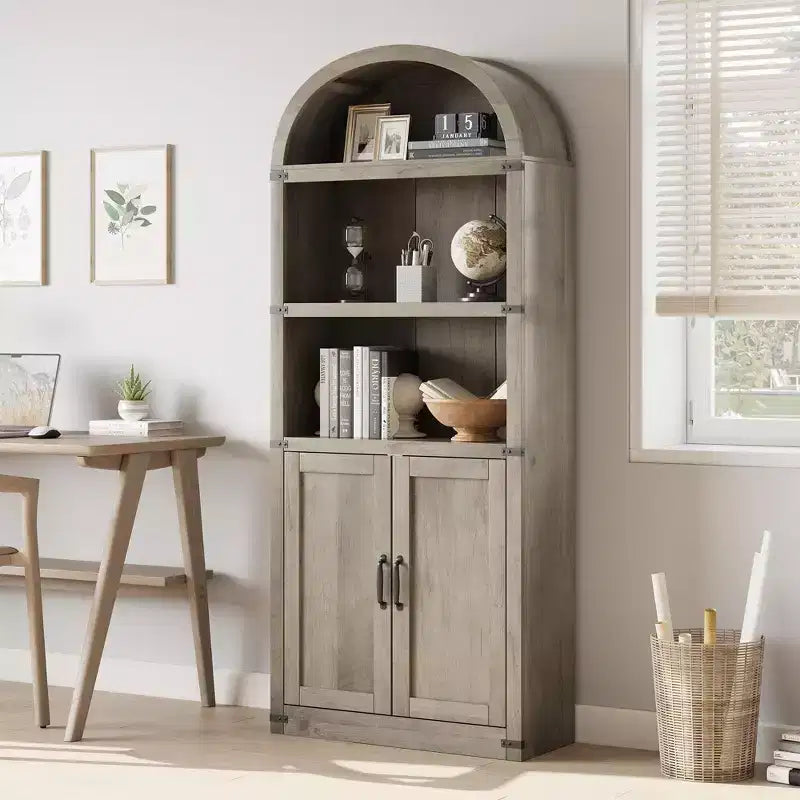 Libreria ad arco alta 182 cm con ante, mobile stile rustico per l'home office