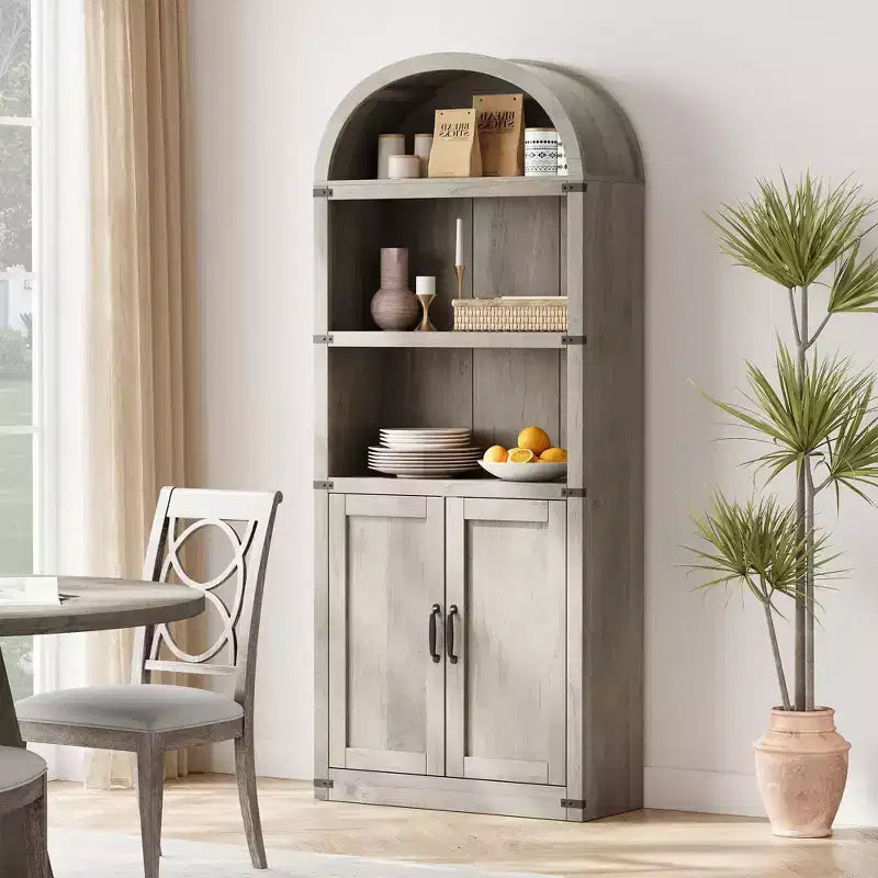 Libreria ad arco alta 182 cm con ante, mobile stile rustico per l'home office