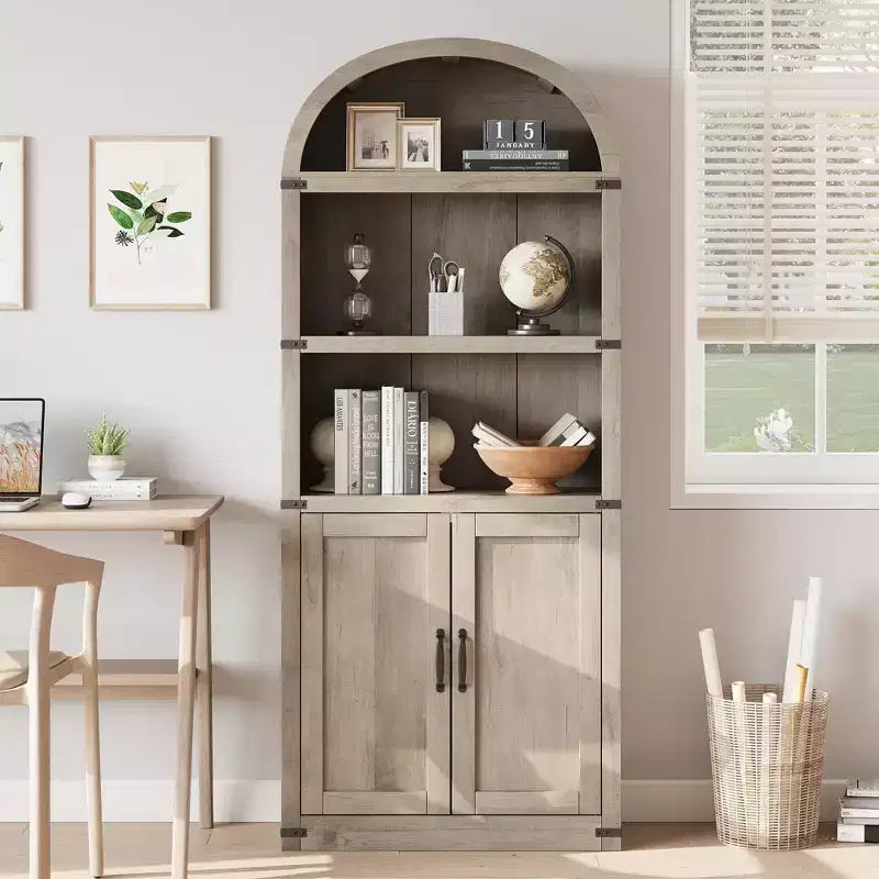 Libreria ad arco alta 182 cm con ante, mobile stile rustico per l'home office