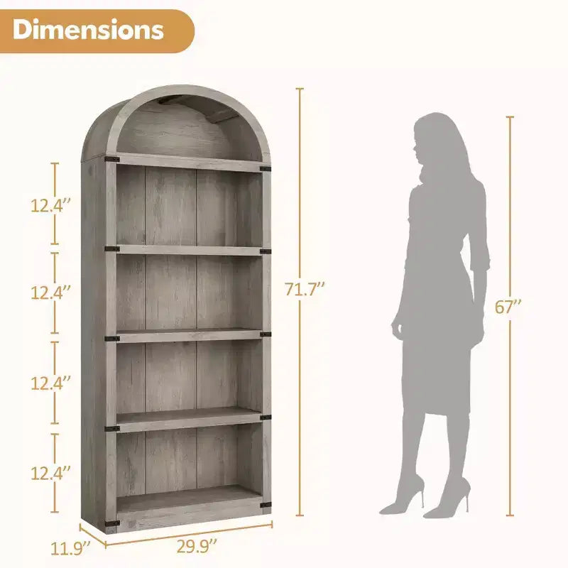 Libreria ad arco alta 182 cm con ante, mobile stile rustico per l'home office