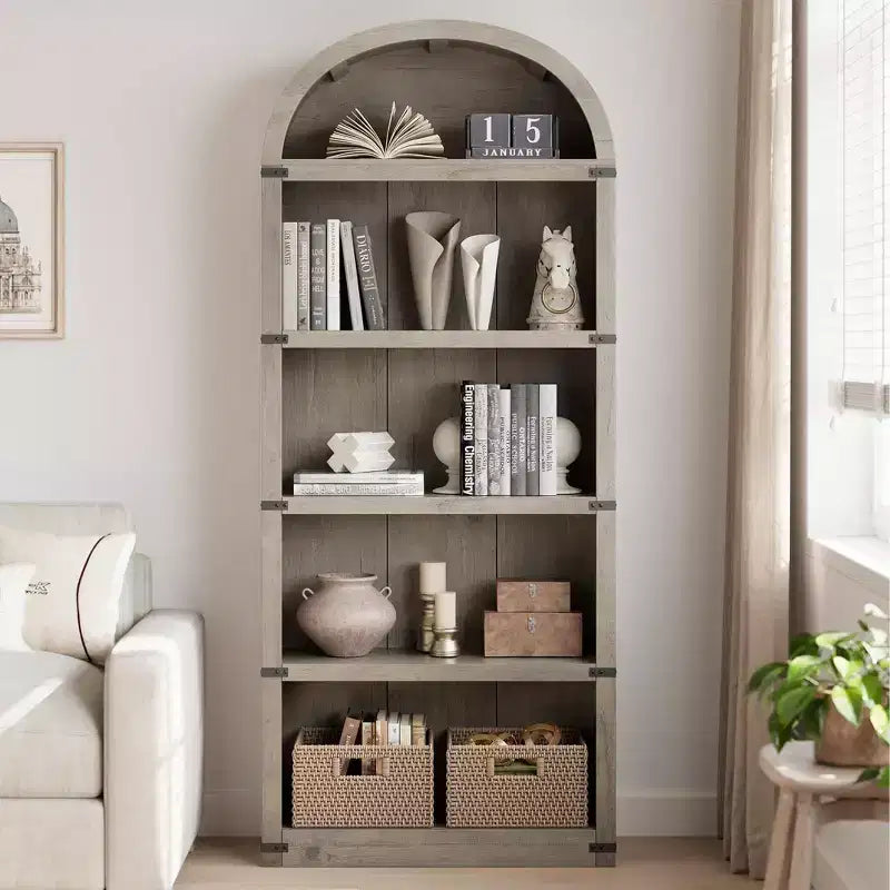 Libreria ad arco alta 182 cm con ante, mobile stile rustico per l'home office