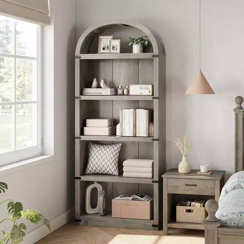 Libreria ad arco alta 182 cm con ante, mobile stile rustico per l'home office