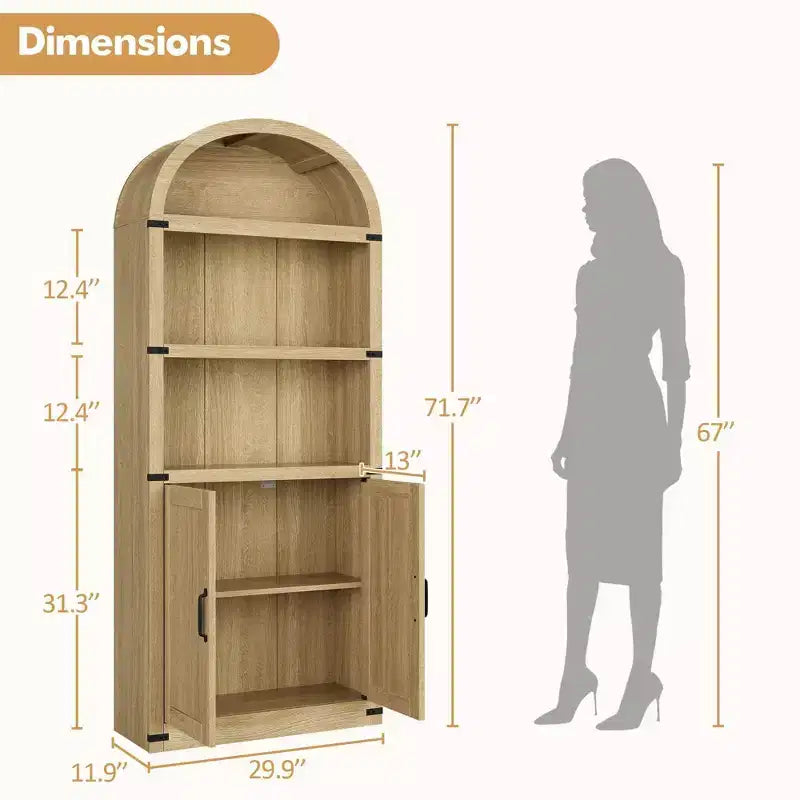 Libreria ad arco alta 182 cm con ante, mobile stile rustico per l'home office