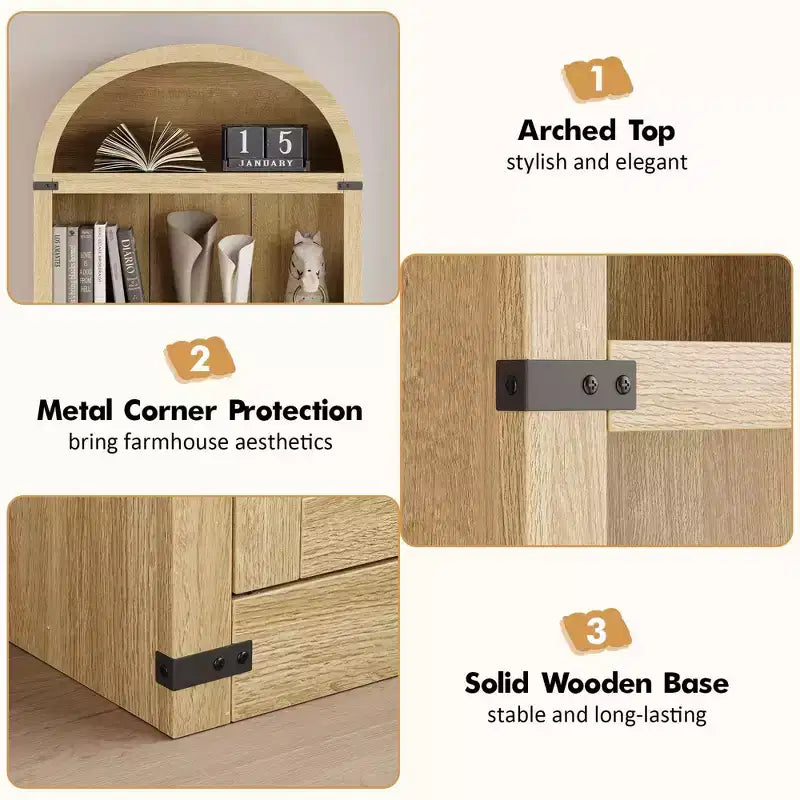 Libreria ad arco alta 182 cm con ante, mobile stile rustico per l'home office