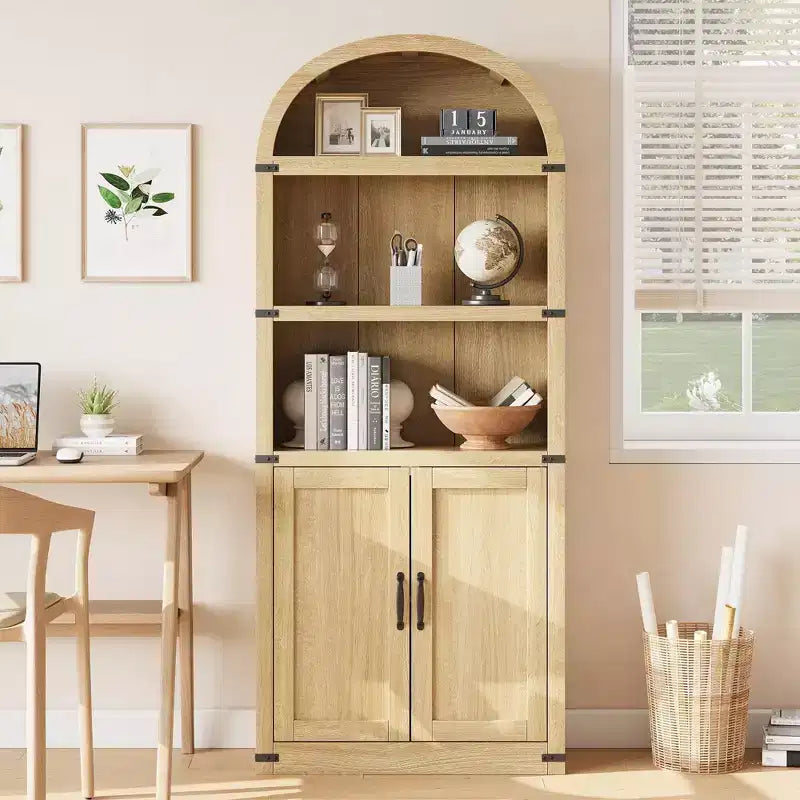 Libreria ad arco alta 182 cm con ante, mobile stile rustico per l'home office