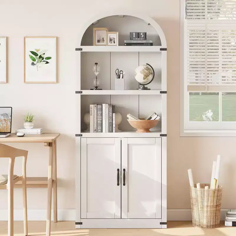Libreria ad arco alta 182 cm con ante, mobile stile rustico per l'home office