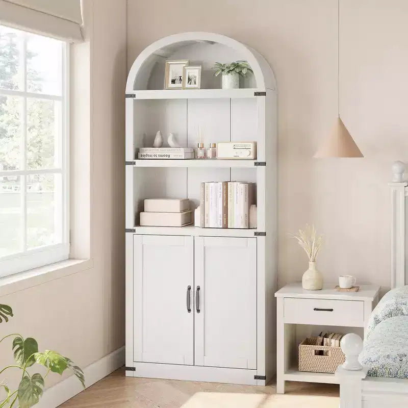 Libreria ad arco alta 182 cm con ante, mobile stile rustico per l'home office