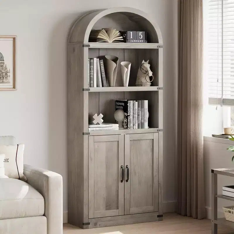 Libreria ad arco alta 182 cm con ante, mobile stile rustico per l'home office