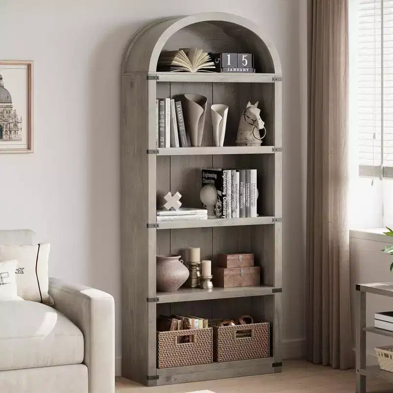 Libreria ad arco alta 182 cm con ante, mobile stile rustico per l'home office