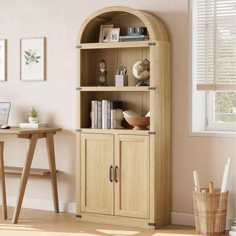 Libreria ad arco alta 182 cm con ante, mobile stile rustico per l'home office